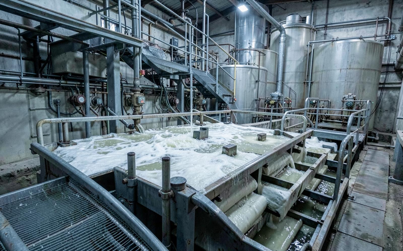 Flotation cells with froth surface and thickener tanks inside a mineral processing plant. Illustrative industrial photograph.