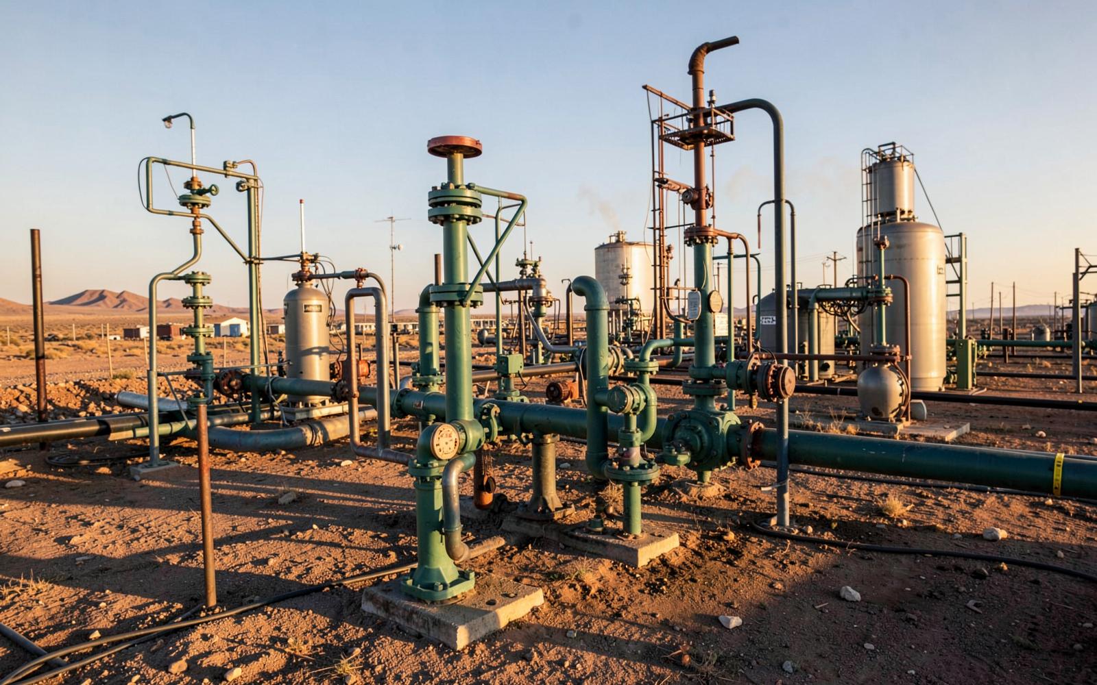 Onshore oil and gas production site with wellhead valves, painted flowlines and separator vessels. Illustrative industrial photograph.