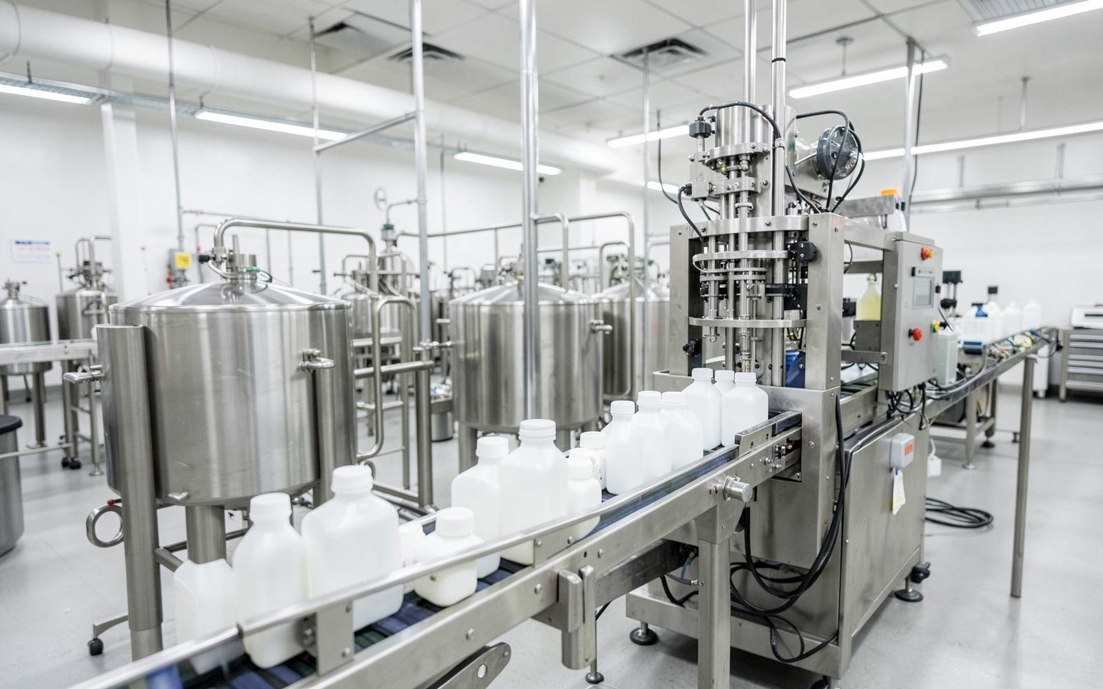 Personal care manufacturing line with stainless mixing vessels and an automatic bottle filling machine. Illustrative industrial photograph.